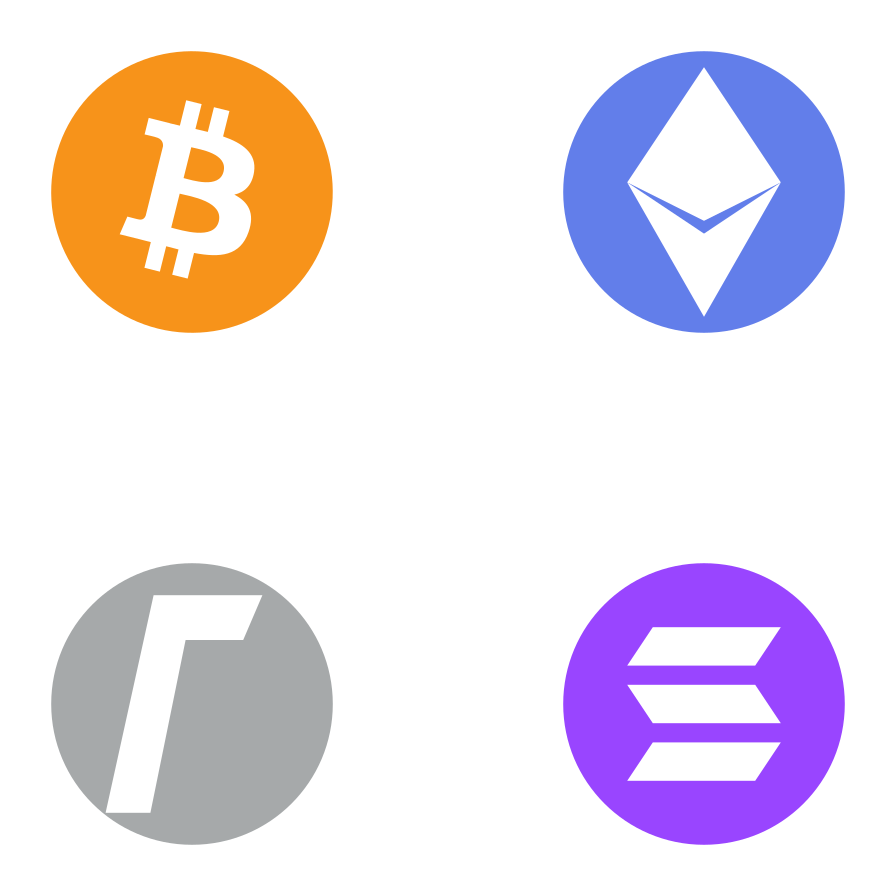 Bitcoin, Ethereum, Litecoin and Solana marks in a two-by-two grid